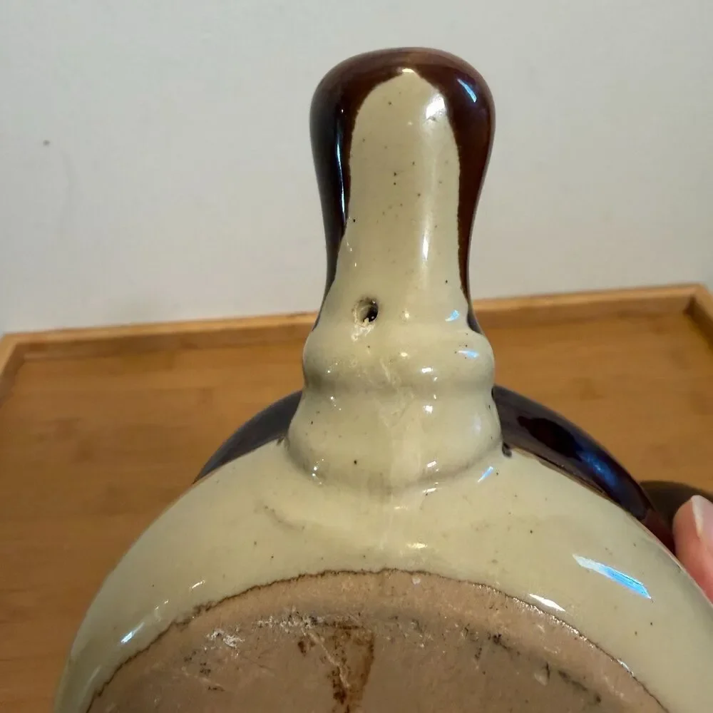 Vintage Brown Beige Stoneware Handled Casserole Crock w Lid Pottery MCM
